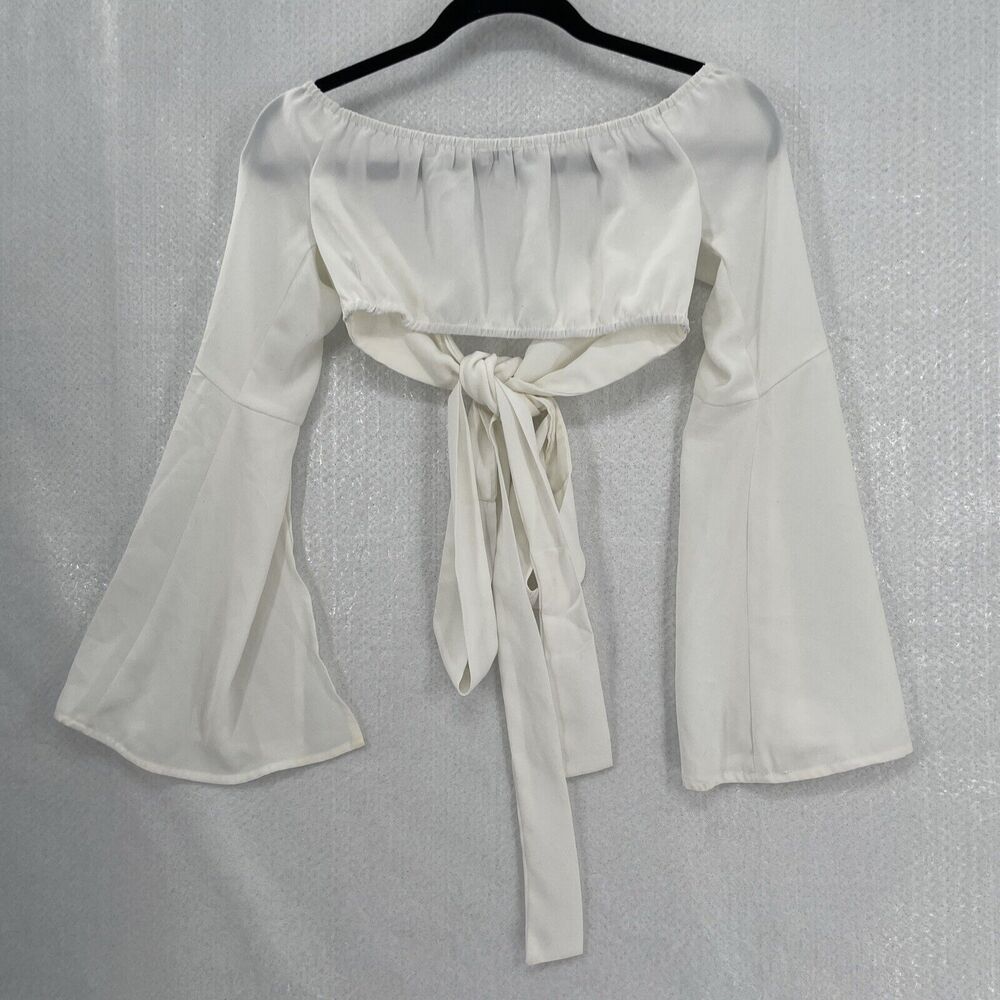 Tobi Crop Top Tie Front Small White Long Flare Sleeve Elastic Back Festival Boho - Picture 9 of 12